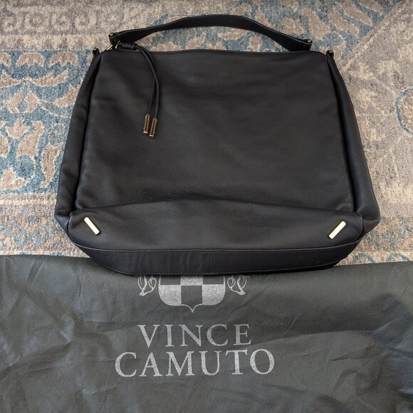 VINCE CAMUTO Josie Shoulder‎ Bag Black Leather Hobo Zip Strap Tassel Dust Bag - Picture 1 of 12